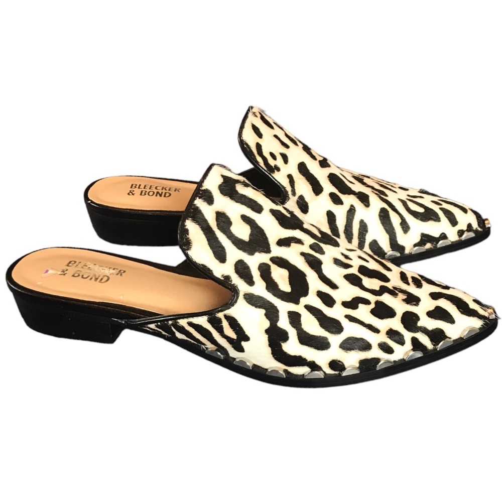 Bleeker & Bond Simone Mules 6 Leopard Studded Low Heel Slide On Mile Calf Hair